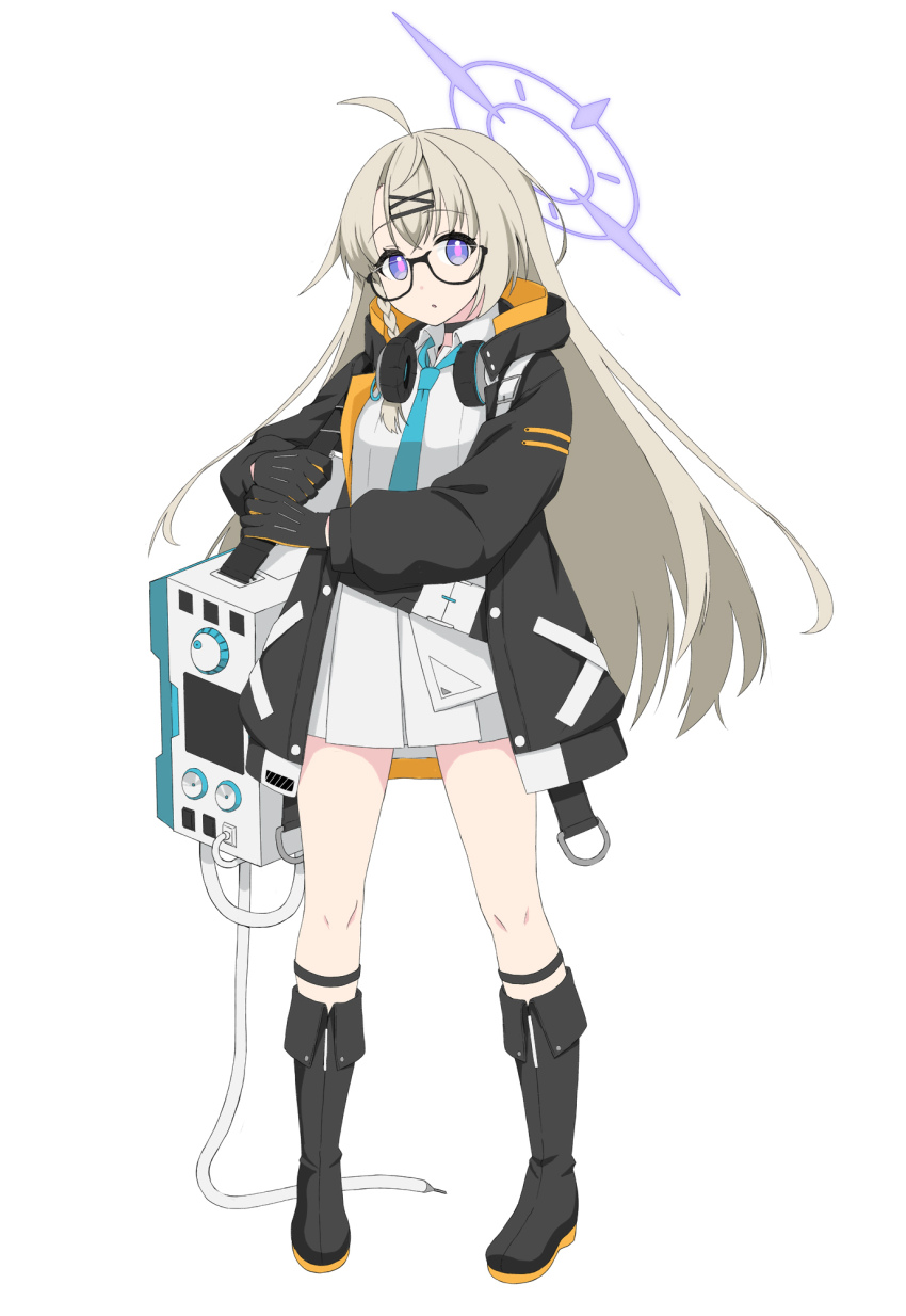 1girl :o ahoge amlrv3 black-framed_eyewear black_boots black_jacket blonde_hair blue_archive blue_necktie boots braid collared_shirt commentary_request dress_shirt full_body glasses halo headphones headphones_around_neck highres holding_strap jacket kotama_(blue_archive) long_hair miniskirt necktie open_clothes open_jacket parted_lips pleated_skirt purple_eyes purple_halo semi-rimless_eyewear shirt side_braid simple_background skirt solo standing two-sided_fabric two-sided_jacket under-rim_eyewear white_background white_shirt white_skirt