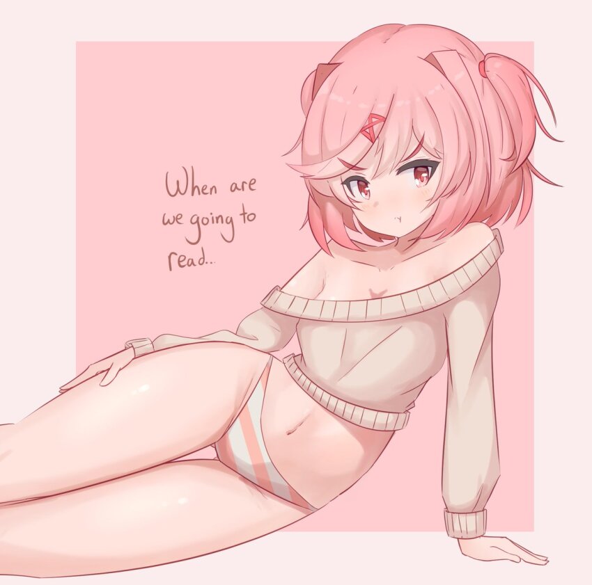 1girl :t angry annoyed arm_support bare_shoulders blush bob_cut border breasts cleavage closed_mouth collarbone commentary cropped_sweater doki_doki_literature_club english_commentary english_text feet_out_of_frame from_side frown gluteal_fold groin hair_intakes hair_ornament hair_ribbon hair_tie hand_on_own_thigh light_blush long_sleeves looking_at_viewer looking_to_the_side lounging lying midriff natsuki_(doki_doki_literature_club) navel off-shoulder_sweater off_shoulder on_side outside_border panties pink_background pink_hair pink_panties pink_ribbon pout red_eyes ribbon short_hair simple_background small_breasts solo striped_clothes striped_panties sweater swept_bangs the_artist_aurora thigh_gap thighs two_side_up underwear v-shaped_eyebrows white_border white_panties white_sweater x_hair_ornament
