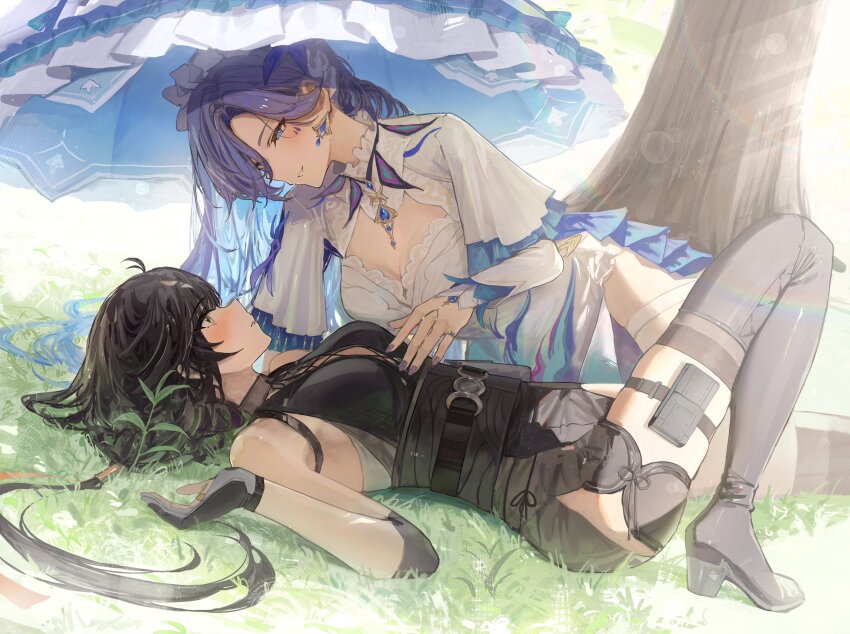 2girls absurdres bare_shoulders black_boots black_dress black_gloves black_hair black_pouch black_shorts black_thighhighs blue_eyes blush boots breasts cantarella_(wuthering_waves) cleavage commentary_request cross-laced_clothes cross-laced_dress dress earrings elbow_pads eye_contact female_rover_(wuthering_waves) girl_on_top gloves hidulume highres jewelry large_breasts long_hair looking_at_another lying multiple_girls nail_polish on_back outdoors parasol parted_lips pouch purple_hair purple_nails rover_(wuthering_waves) shorts shrug_(clothing) skindentation sleeveless sleeveless_dress smile thigh_boots thigh_pouch thighhighs thighhighs_under_boots thighs umbrella white_dress white_shrug white_thighhighs wuthering_waves yellow_eyes yuri