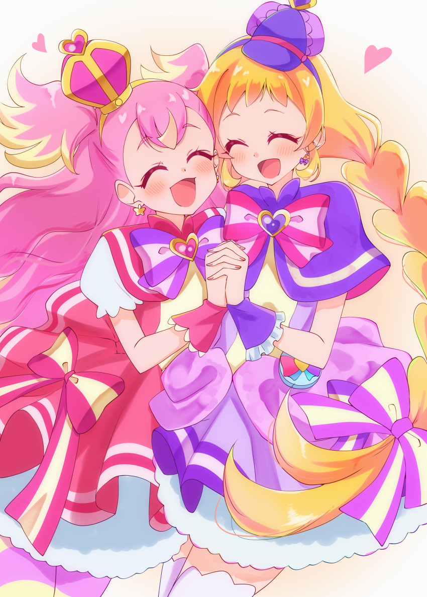 2girls absurdres blonde_hair blush bow bowtie braid brooch capelet closed_eyes commentary_request crown cure_friendy cure_wonderful dress earrings hairband hat heart heart_brooch highres holding_hands inukai_iroha inukai_komugi jewelry long_hair low_twin_braids magical_girl mini_crown multicolored_hair multiple_girls open_mouth peaked_cap pink_bow pink_bowtie pink_dress pink_hair precure puffy_short_sleeves puffy_sleeves purple_bow purple_bowtie purple_capelet purple_dress purple_hairband purple_hat short_sleeves sleeveless sleeveless_dress smile striped_clothes striped_thighhighs sugimura_mickey thighhighs twin_braids two-tone_hair two_side_up white_sleeves white_thighhighs wonderful_precure! wrist_cuffs