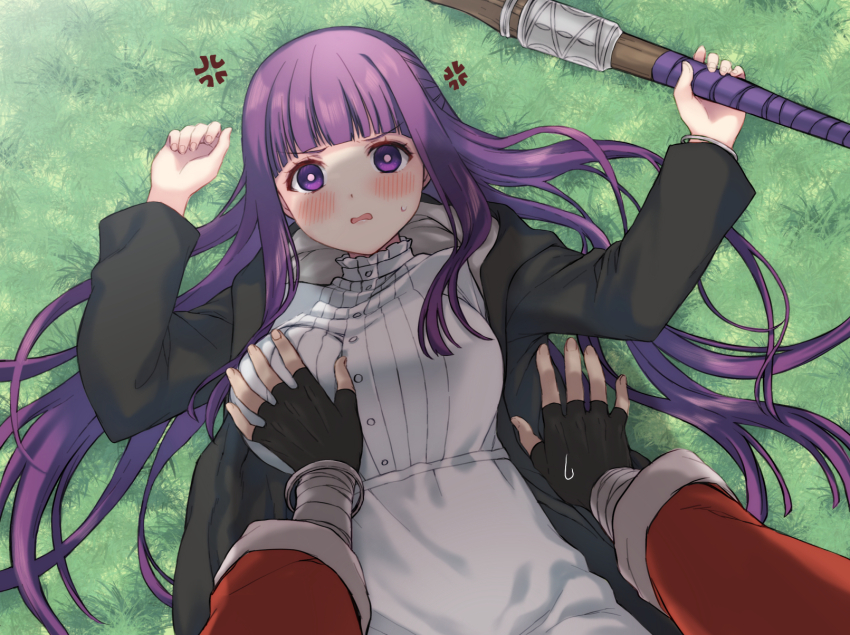1boy 1girl all_fours anger_vein angry black_coat black_gloves blunt_bangs blush breasts bright_pupils coat commentary_request dress ekra fern_(sousou_no_frieren) gloves grabbing_another&#039;s_breast groping highres holding holding_staff jacket large_breasts long_hair long_sleeves looking_at_viewer lying mage_staff on_back on_grass outdoors pov purple_eyes purple_hair red_jacket sousou_no_frieren staff stark_(sousou_no_frieren) upper_body wavy_mouth white_dress white_pupils