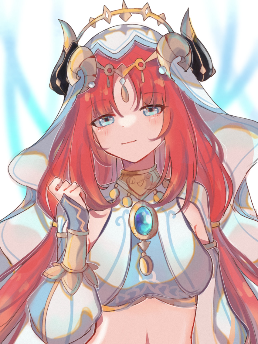 1girl bare_shoulders black_horns blue_eyes blush chinese_commentary closed_mouth commentary_request crop_top gem genshin_impact gold grey_horns hand_up head_chain headscarf highres horns jewelry light_smile long_hair looking_at_viewer midriff nilou_(genshin_impact) parted_bangs red_hair solo upper_body zhuji350
