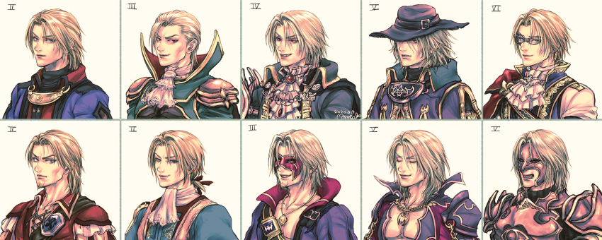 1boy armor ascot black_hat blonde_hair blue_eyes cape comparison dated facial_hair fangs glasses goatee grin hat highres jewelry male_focus medium_hair morito_leaf9 multiple_views necklace official_alternate_costume one_eye_covered popped_collar portrait raphael_sorel red_cape red_eyes short_hair side_cape simple_background smile soul_calibur soulcalibur soulcalibur_ii soulcalibur_iii soulcalibur_iv soulcalibur_v soulcalibur_vi white_ascot white_background