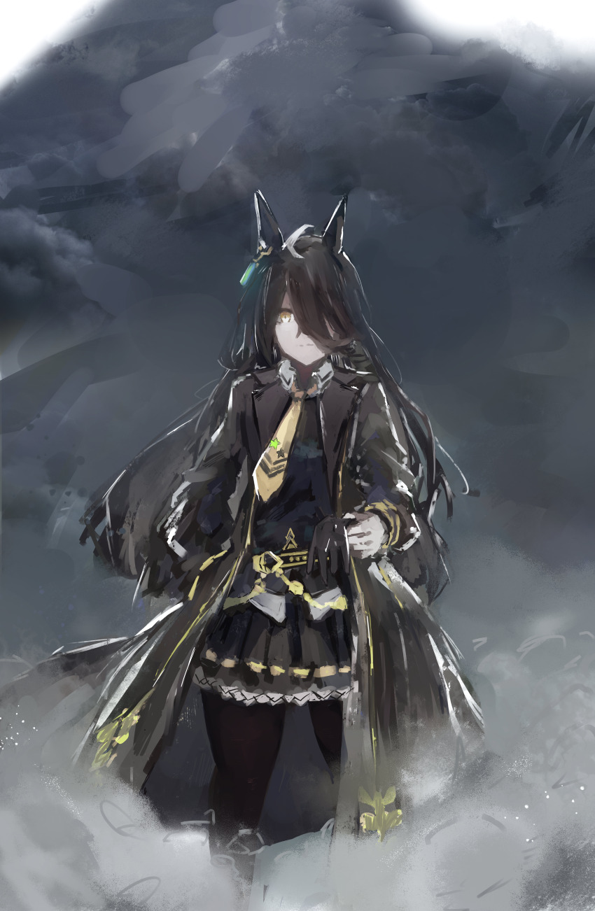 1girl absurdres ahoge animal_ears belt black_belt black_coat black_gloves black_hair black_pantyhose black_shirt black_skirt closed_mouth coat collared_shirt ear_tag earrings frilled_skirt frills gloves hair_over_one_eye highres horse_ears horse_girl jewelry light_smile long_bangs long_hair long_sleeves manhattan_cafe_(umamusume) multicolored_hair necktie open_clothes open_coat pantyhose pleated_skirt shirt single_earring skirt solo umamusume unworn_gloves very_long_hair white_hair wista yellow_eyes yellow_necktie