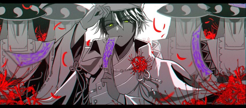 1boy 4others between_fingers commentary_request covered_face flower green_eyes greyscale hand_on_headwear hat holding ikaruga_(rune_factory) japanese_clothes komugiko_(komugiu08) letterboxed long_sleeves looking_at_viewer male_focus mask monochrome multiple_others ofuda ofuda_between_fingers people petals red_flower rune_factory rune_factory:_guardians_of_azuma shaded_face short_hair spider_lily spot_color upper_body veil
