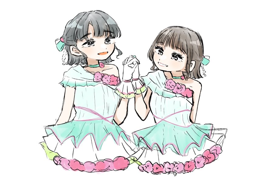 2girls 4th_live_dream_~bloom_the_dream_believers~ absurdres animification black_hair blunt_bangs brown_hair collarbone commentary_request cowboy_shot cropped_legs dress dress_flower flower flower_stand_art frilled_dress frills green_eyes grin half_updo highres link!_like!_love_live! love_live! momose_ginko multiple_girls official_alternate_costume puripuri_hurai real_life sakurai_hina second-party_source short_hair sidelocks simple_background single-shoulder_dress single_bare_shoulder smile virtual_youtuber voice_actor white_background white_dress yume_wazurai