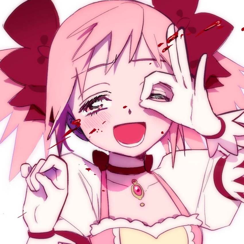 1girl blood blood_spray bow bow_choker choker gloves hair_bow kaname_madoka kaname_madoka_(magical_girl) magical_girl mahou_shoujo_madoka_magica mahou_shoujo_madoka_magica_(anime) multiple_hair_bows ok_sign ok_sign_over_eye one_eye_closed open_mouth pink_eyes pink_hair portrait puffy_sleeves red_bow red_choker short_twintails simple_background smile solo twintails vivinos white_background white_gloves