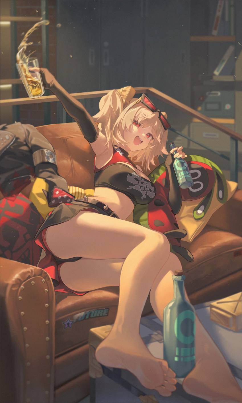 1girl absurdres arm_up armpits ass bare_legs bare_shoulders barefoot black_panties black_shirt black_skirt blonde_hair bottle breasts brown_gloves burnice_white cleavage cleavage_cutout clothing_cutout couch crop_top cup drinking_glass elbow_gloves eyewear_on_head feet fingerless_gloves gloves hand_up highres holding holding_bottle holding_cup indoors jacket large_breasts looking_at_viewer lying medium_hair midori_fufu midriff miniskirt on_couch on_side open_mouth panties reclining red_eyes shirt skirt sleeveless sleeveless_shirt smile soles solo sunglasses thighs toes two_side_up underwear unworn_jacket zenless_zone_zero
