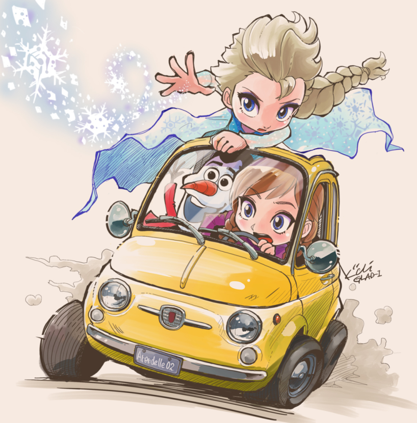1boy 2girls anna_(frozen) beige_background blonde_hair blue_eyes braid braided_ponytail brown_hair car chibi commentary_request creature driving elsa_(frozen) fiat fiat_500 frozen_(disney) kiichi license_plate long_hair lupin_iii magic motor_vehicle multiple_girls olaf_(frozen) open_mouth outstretched_arm parody siblings simple_background single_braid sisters snowflakes snowman vehicle_focus yellow_car