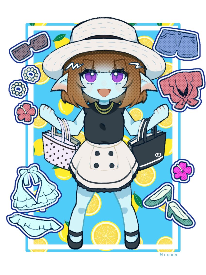 1girl :d alt_text aqua_bikini aqua_shoes aqua_skin artist_name bag bead_bracelet beads bikini black_bra black_shirt black_shoes black_trim blue_background blue_shorts blunt_bangs bra bracelet brown_hair chibi colored_skin commentary_request dragon_quest dragon_quest_x fins fish_girl flower food food_print frilled_bikini frills front-tie_top fruit fruit_print hat head_fins hibiscus high_heels highres jewelry lemon lemon_print lemon_slice looking_up medium_hair necklace nikon_(user_aznh7528) open_mouth pink_flower purple_eyes red_flower red_shirt shirt shoes shopping_bag shorts skirt sleeveless sleeveless_shirt smile solo sunglasses swimsuit underwear unworn_bikini unworn_bra unworn_bracelet unworn_eyewear unworn_shirt unworn_shorts weddie_(dq10) white_background white_hat white_skirt