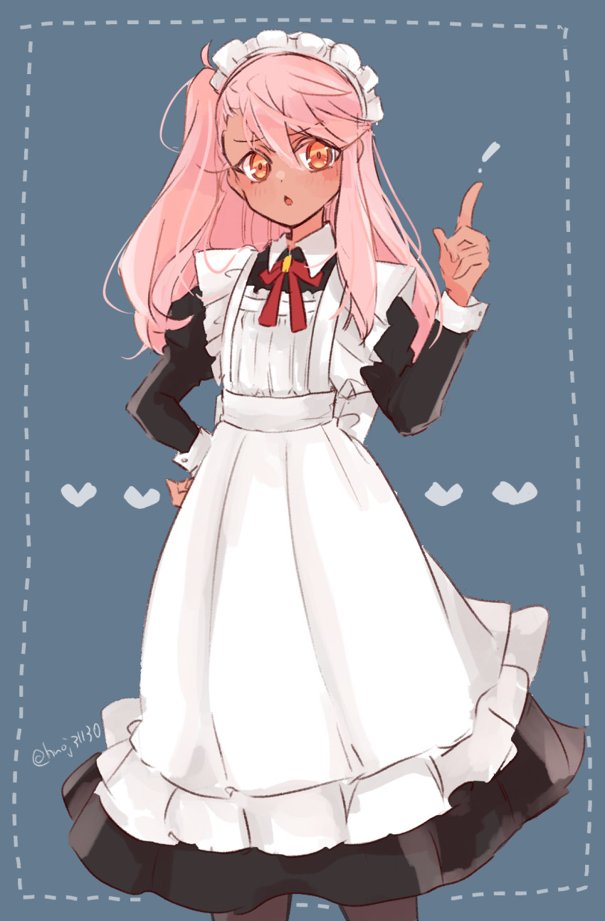 ! 1girl alternate_costume apron black_dress blue_background border chloe_von_einzbern dark-skinned_female dark_skin dress enmaided fate/kaleid_liner_prisma_illya fate_(series) feet_out_of_frame hair_between_eyes hand_on_own_hip hand_up heart highres index_finger_raised long_hair looking_at_viewer maid maid_apron maid_headdress neck_ribbon one_side_up open_mouth orange_eyes outside_border pink_hair red_ribbon ribbon saihara sidelocks simple_background solo twitter_username white_apron
