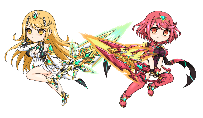 2girls aegis_sword_(xenoblade) bare_shoulders blonde_hair bob_cut breasts chest_jewel chibi cleavage_cutout clothing_cutout commentary core_crystal_(xenoblade) deformed earrings elbow_gloves feichu_keju gem gloves headpiece highres jewelry large_breasts long_hair multiple_girls mythra_(xenoblade) nintendo pyra_(xenoblade) red_eyes red_hair short_hair simple_background smile swept_bangs tiara weapon white_background xenoblade_chronicles_(series) xenoblade_chronicles_2 yellow_eyes