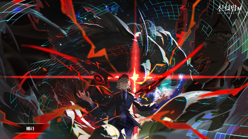 1boy bandaged_head bandages beta_(tower_of_god) blonde_hair blue_necktie blue_suit evil_grin evil_smile fingernails formal_clothes game_cg glowing glowing_eyes grin hat highres long_sleeves looking_at_viewer monster necktie open_mouth red_eyes red_hat red_wings short_hair simple_background smile solo suit teeth tower_of_god tower_of_god:_great_journey uoongpig wings