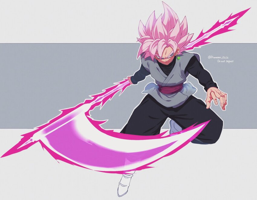 1boy black_pants black_shirt boots dougi dragon_ball dragon_ball_super earrings energy_blade full_body goku_black grey_background grey_tunic highres holding holding_scythe jewelry komesan_0212 male_focus medium_hair pants pink_hair potara_earrings red_sash sash scythe shirt simple_background single_earring solo spiked_hair tunic white_background white_boots