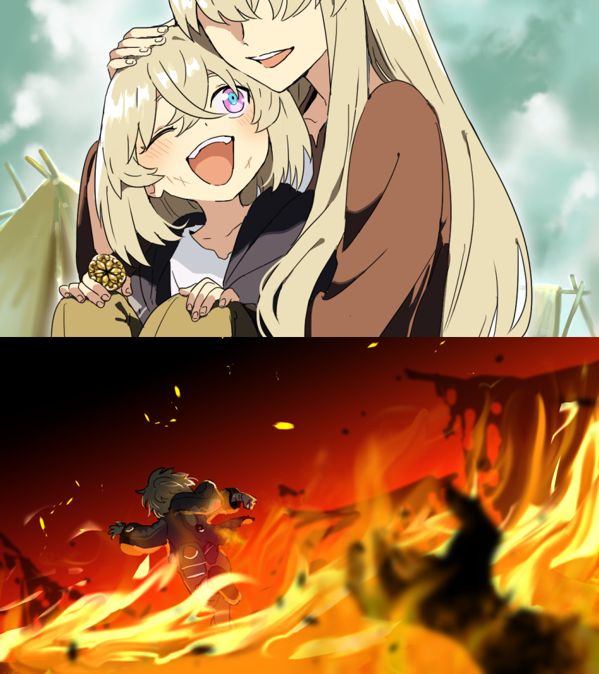 1boy 1girl aventurine_(honkai:_star_rail) blonde_hair blush brown_dress cloud corpse dress facing_away fire fleeing green_sky hand_on_another&#039;s_head highres honkai:_star_rail honkai_(series) hug kakavasha&#039;s_sister_(honkai:_star_rail) kakavasha_(honkai:_star_rail) knees_up looking_at_another multicolored_eyes one_eye_closed open_mouth out_of_frame outdoors outstretched_hand pirohi_(pirohi214) running sky smile spoilers tent two-tone_eyes upper_body