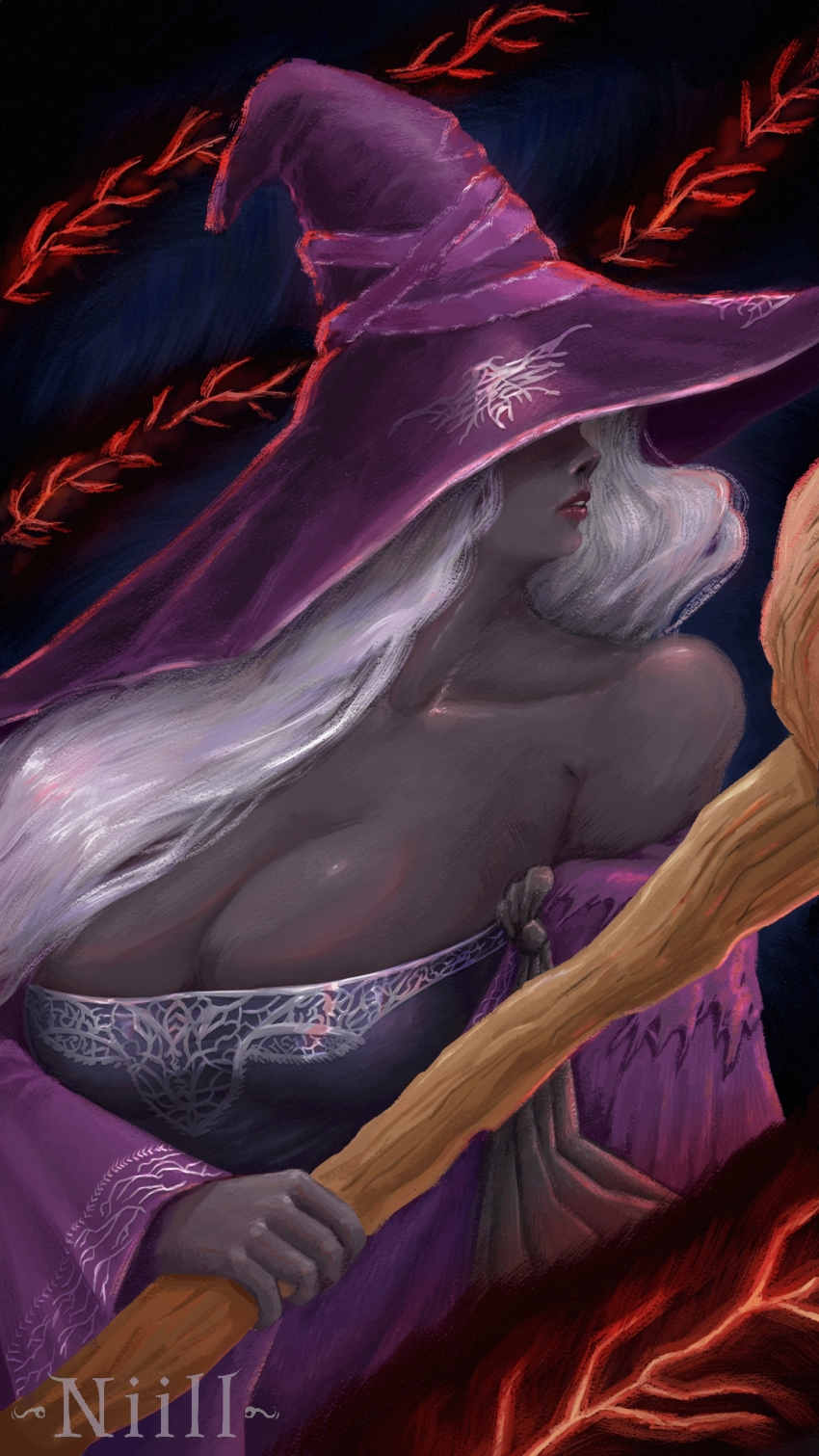 1girl absurdres artist_name bare_shoulders black_dress black_skin breasts cleavage collarbone colored_skin commentary dark-skinned_female dark_skin dress elden_ring elden_ring_nightreign english_commentary facing_away hat highres large_breasts large_hat long_sleeves niillnihil nose parted_lips purple_hat purple_sleeves recluse_(elden_ring) red_eyes solo very_dark_skin witch witch_hat wooden_staff