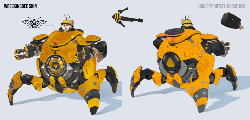 1boy absurdres animal antennae artist_name bee bug commentary concept_art english_commentary grace_kim grapple gun hamster helmet highres insect machine_gun male_focus mecha motor_vehicle official_alternate_costume official_art open_mouth overwatch overwatch_2 robot second-party_source simple_background solo weapon wrecking_ball_(overwatch) yellow_headwear