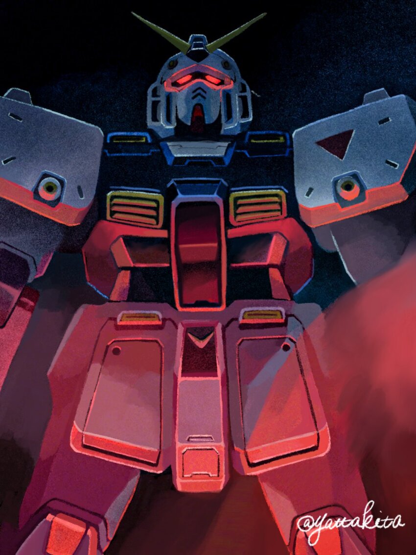 artist_name feet_out_of_frame glowing glowing_eyes gundam gundam_0080 gundam_alex highres looking_at_viewer mecha mecha_focus mobile_suit no_humans red_eyes robot science_fiction smoke solo standing twitter_username v-fin yatta_kita