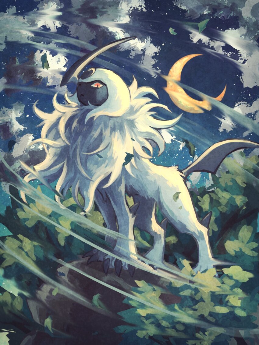 7_phi_3 absol all_fours body_fur cloud full_body full_moon gen_3_pokemon highres leaf moon night nintendo no_humans pokemon pokemon_(creature) rock solo white_fur wind