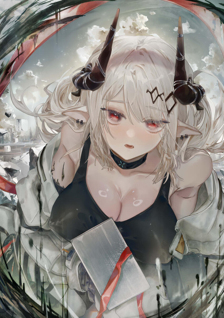 1girl 59_(dec19981225) absurdres arknights bare_shoulders black_horns black_sports_bra breasts chinese_commentary cleavage collarbone commentary_request covered_erect_nipples ear_piercing eyes_visible_through_hair highres horns infection_monitor_(arknights) large_breasts long_hair long_sleeves looking_at_viewer mudrock_(arknights) mudrock_(elite_ii)_(arknights) off_shoulder open_mouth partial_commentary piercing pointy_ears red_eyes solo sports_bra white_hair