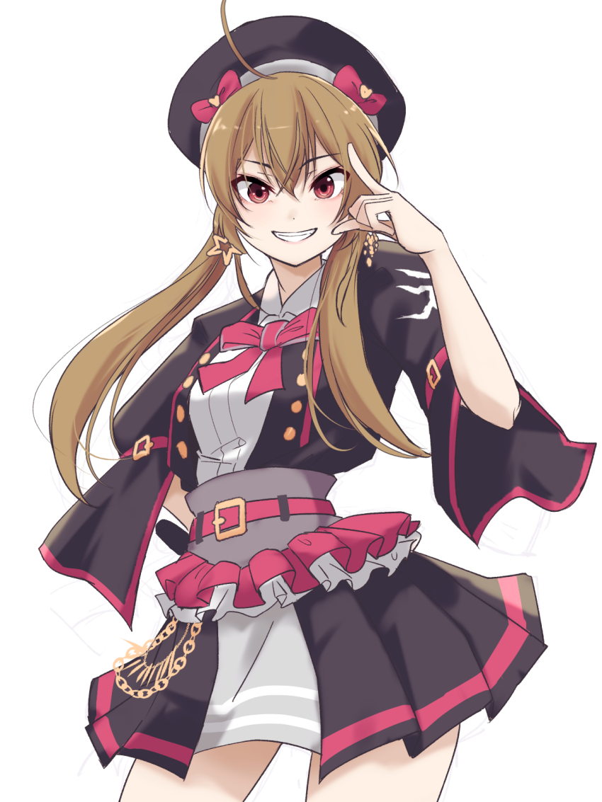 1girl actor_connection ahoge arm_belt assault_lily belt belt_buckle beret black_hat black_jacket black_skirt bow bowtie brown_hair buckle chain collared_shirt commentary_request cosplay cowboy_shot crossed_bangs earrings frilled_skirt frills gold_chain grey_skirt grin hair_between_eyes hand_on_own_hip hand_up hat hat_bow high_belt highres holding holding_microphone idol index_finger_raised jacket jewelry kondou_misaka long_hair long_sleeves looking_at_viewer low_twintails microphone ohmori_rio ohmori_rio_(cosplay) open_clothes open_jacket parted_lips pink_belt pink_bow pink_bowtie pleated_skirt red_eyes shirt simple_background skirt smile solo standing star_(symbol) star_earrings striped_clothes striped_skirt twintails two-tone_skirt underbust urutsu_sahari white_background white_shirt wide_sleeves