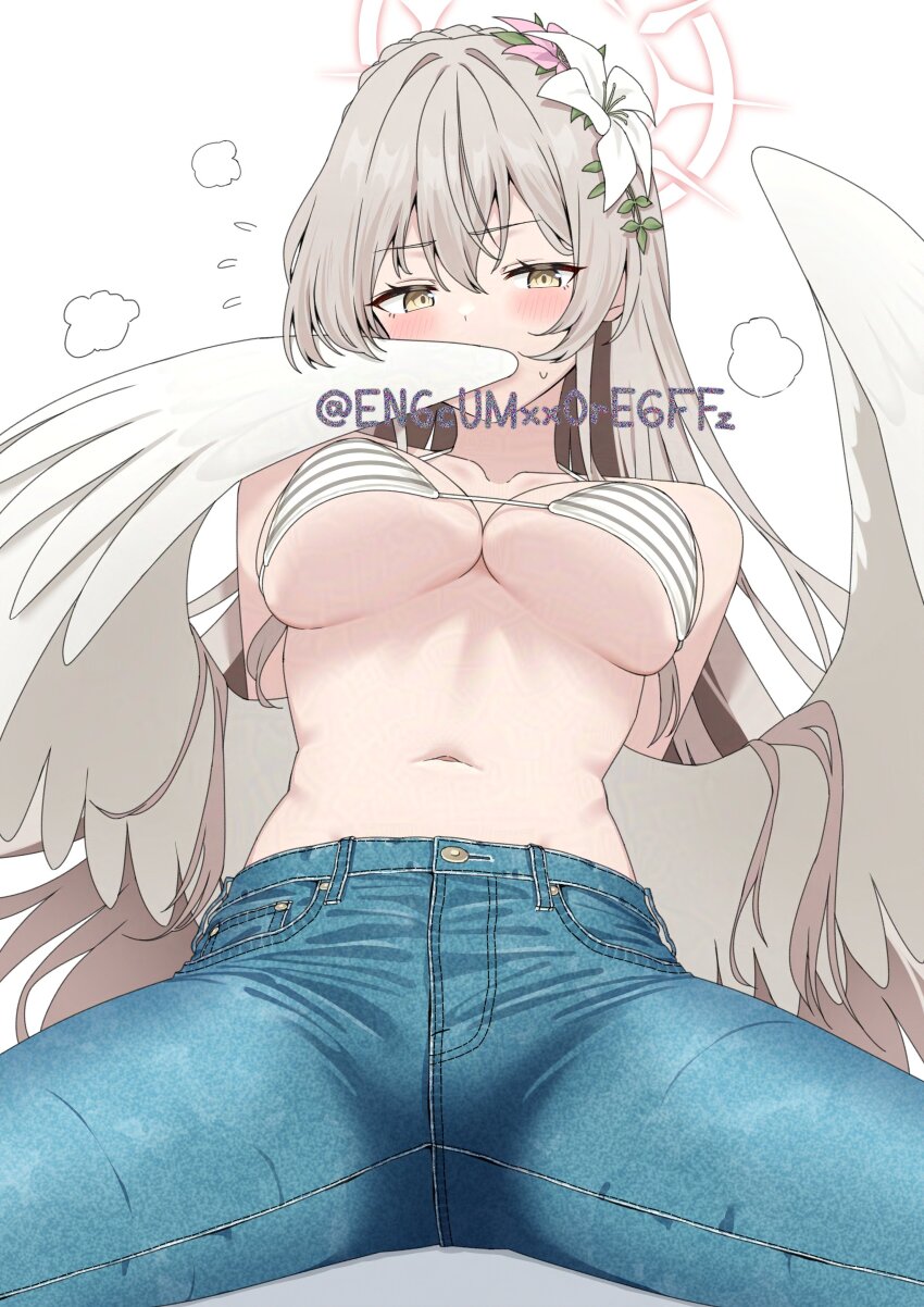 1girl absurdres adversarial_noise alternate_costume angel_wings bare_arms bare_shoulders bikini bikini_top_only blue_archive blue_pants blush braid breasts brown_hair casual collarbone commentary covering_own_mouth crown_braid denim feathered_wings flower flying_sweatdrops hair_between_eyes hair_flower hair_ornament halo highres jeans large_breasts long_hair looking_at_viewer low_wings nagisa_(blue_archive) navel no_shirt on_floor pants pink_flower pink_halo simple_background sitting solo spread_legs steam striped_bikini striped_clothes sweatdrop swimsuit twitter_username very_long_hair white_background white_bikini white_flower white_wings wings yamano_rokamizu yellow_eyes