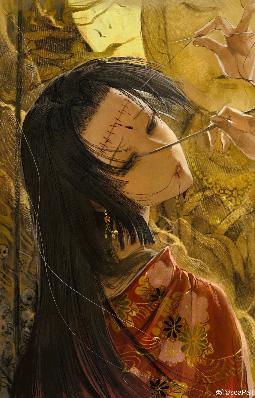 1girl 1other absurdres black_hair earrings from_behind furrowed_brow half-closed_eyes highres holding holding_brush jewelry jujutsu_kaisen kenjaku long_hair looking_back parted_bangs parted_lips seapall sidelocks simple_background solo_focus stitched_face stitches upper_body watermark weibo_watermark