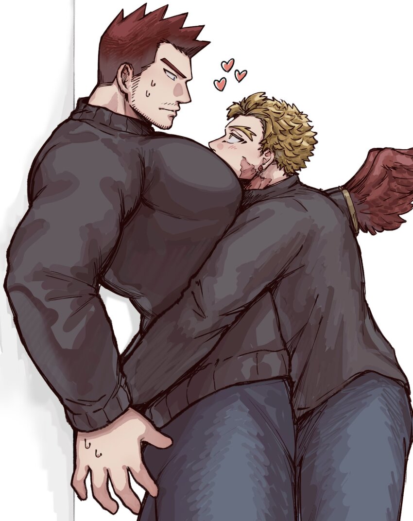 2boys against_wall alternate_costume bara beard_stubble between_pecs between_pectorals boku_no_hero_academia couple cowboy_shot endeavor_(boku_no_hero_academia) facial_hair from_side hawks_(boku_no_hero_academia) head_between_pecs highres large_pectorals loving_aura male_focus mature_male multiple_boys muscular muscular_male nervous_sweating pectorals profile red_hair scar short_hair spiked_hair standing stubble sweat sweater thick_eyebrows yama_21 yaoi