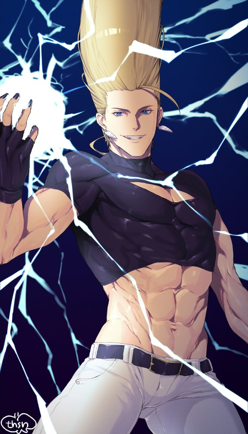 1boy abs blonde_hair blue_eyes crop_top earrings electricity fingerless_gloves gloves grin highres jewelry male_focus midriff murata_tefu nail_polish nikaidou_benimaru pompadour smile snk solo the_king_of_fighters