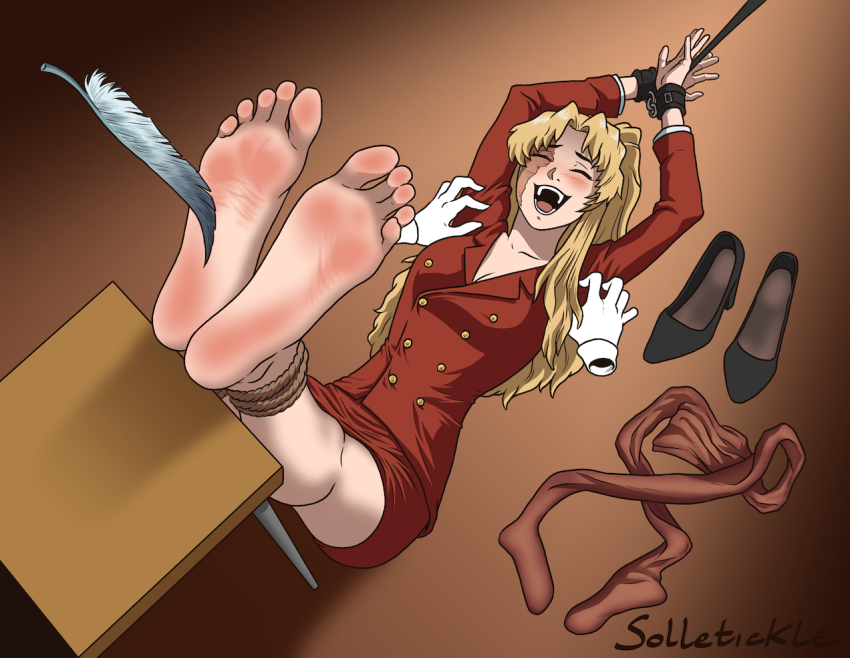 1girl arms_up balalaika_(black_lagoon) barefoot bdsm black_lagoon blonde_hair bondage bound burn_scar coat disembodied_hand feathers feet foot_focus foreshortening from_above laughing long_hair open_mouth pantyhose red_coat scar shoes skirt soles solletickle table toes unworn_footwear unworn_shoes