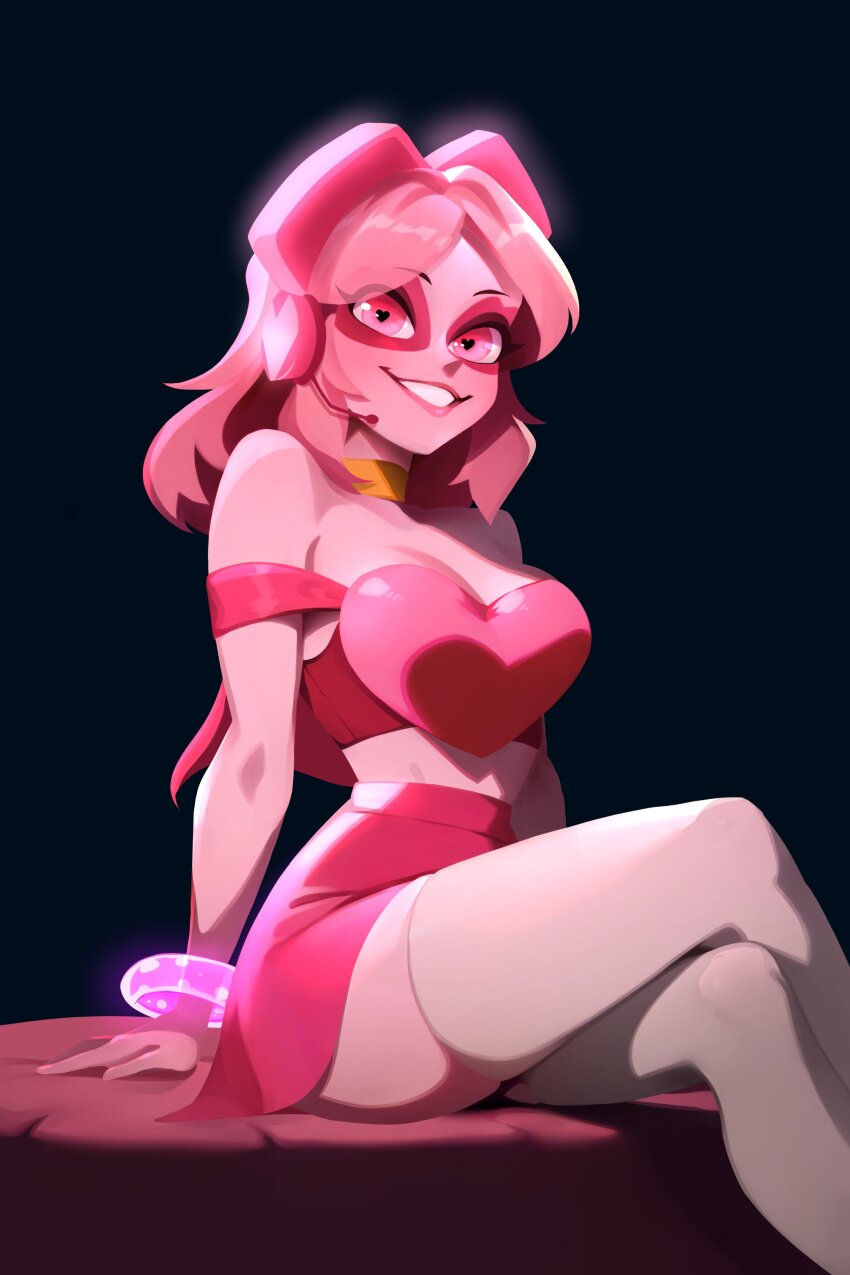 1girl absurdres bracelet choker crossed_legs eyeshadow glowing headphones heart heart-shaped_pupils highres jewelry kimonela makeup medium_hair midriff miss_heed pink_eyes pink_hair pink_skirt sitting skirt smile solo symbol-shaped_pupils teeth thighhighs villainous white_thighhighs yellow_choker