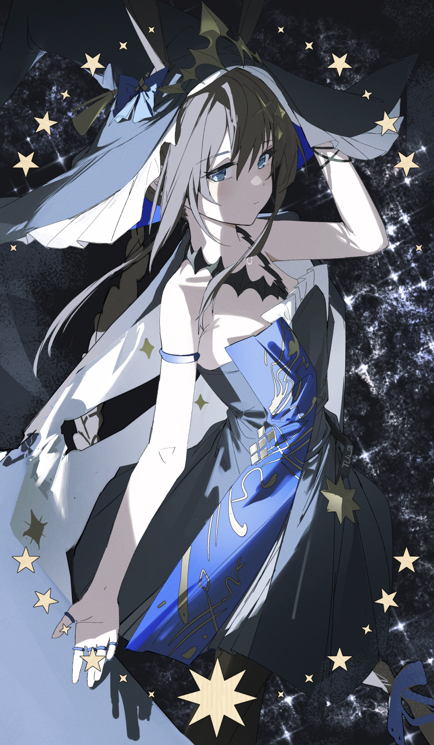1girl absurdres ambience_synesthesia amiya_(arknights) amiya_(medic)_(arknights) amiya_(medic)_(solo_around_the_world)_(arknights) animal_ears arknights bare_arms bare_shoulders black_dress black_hair black_hat blue_eyes blush closed_mouth dress hair_between_eyes hat highres jewelry long_hair looking_at_viewer multiple_rings official_alternate_costume qtian rabbit_ears rabbit_girl ring sidelocks sleeveless sleeveless_dress solo star_(symbol) witch_hat