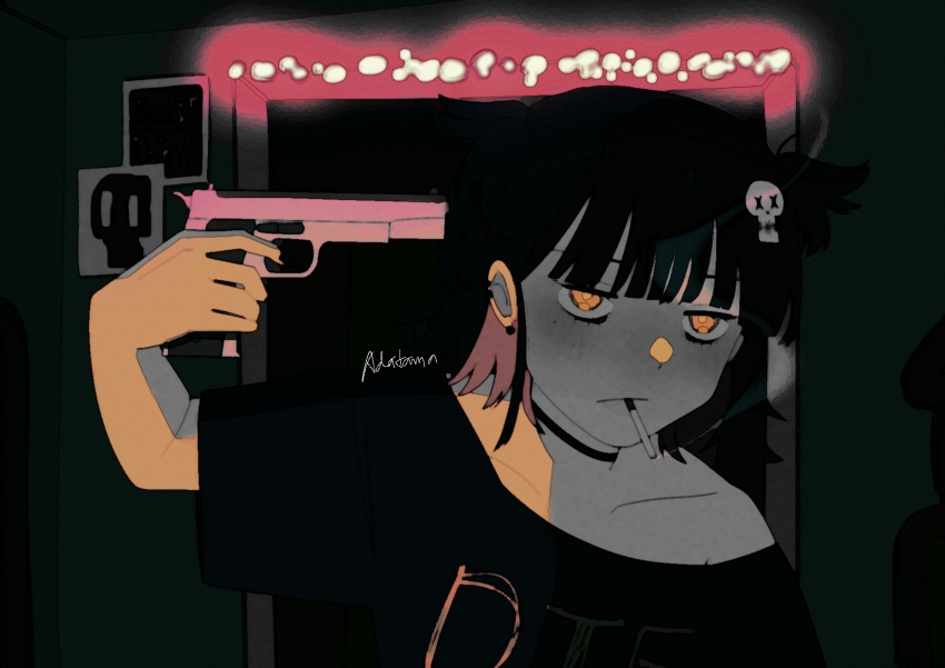 attempted_suicide cigarette goth_fashion gun highres holding holding_gun holding_weapon non-web_source weapon