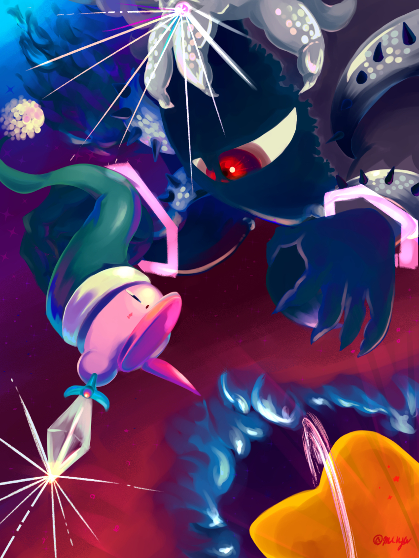 abstract_background blush_stickers claws commentary_request copy_ability demon_horns eye_contact fighting glint gradient_background green_hat hat highres holding holding_sword holding_weapon horns kirby kirby&#039;s_return_to_dream_land kirby&#039;s_return_to_dream_land_deluxe kirby_(series) looking_at_another magolor magolor_soul master_crown minya_(minyamokarva) nintendo no_humans one-eyed planet planet_popstar portal_(object) possessed red_eyes spikes spoilers star_(sky) sword sword_kirby weapon