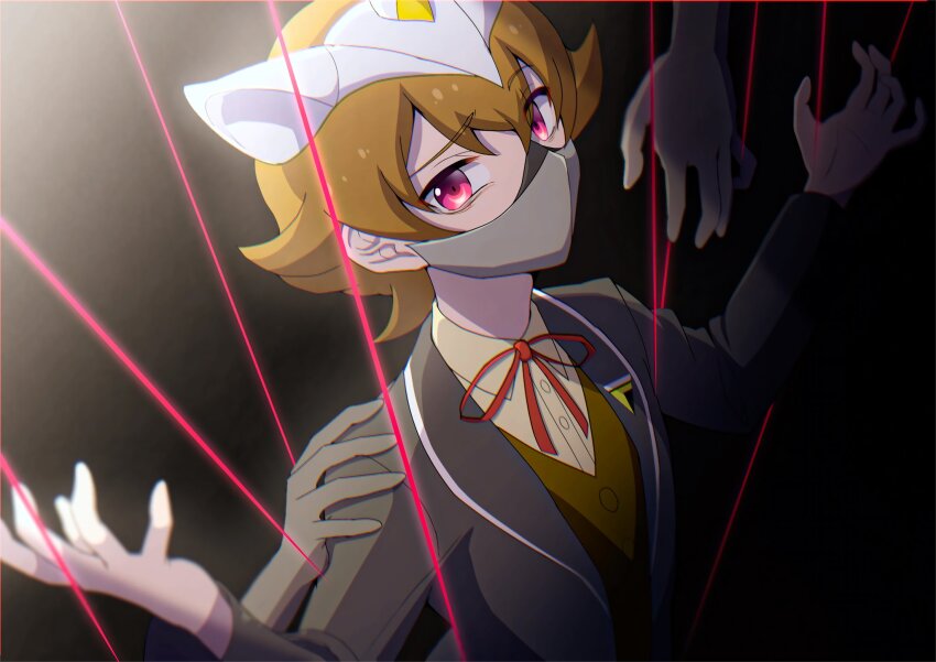 1boy atltax_00 blazer brown_hair brown_shirt brown_vest dappled_sunlight dress_shirt eyes_visible_through_hair facing_to_the_side gradient_background grey_jacket hand_on_another&#039;s_shoulder highres jacket light_particles looking_at_viewer male_focus mask mouth_mask open_clothes open_hands open_jacket outstretched_arms puppet_strings red_eyes red_ribbon ribbon shirt string string_of_fate sunlight vest yu-gi-oh! yu-gi-oh!_sevens yuoh_goha