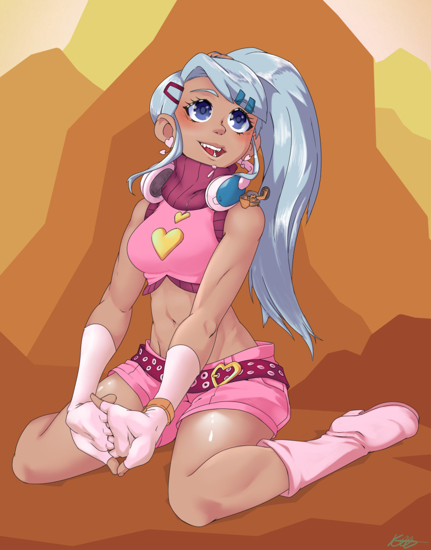1girl bakugan bakugan_battle_brawlers belt blue_eyes blush boots breasts cracking_knuckles dark_skin fingerless_gloves gloves gorem_(bakugan) grey_hair hair_ornament hairclip headphones headphones_around_neck heart heart_print highres julie_heyward kaydraws long_hair looking_back medium_breasts midriff navel on_shoulder open_mouth pink_belt pink_boots pink_shirt pink_shorts polka_dot polka_dot_belt ponytail print_shirt rock scrunchie shirt shorts sitting sleeveless sleeveless_shirt smile teeth turtleneck turtleneck_shirt watch white_gloves wristwatch