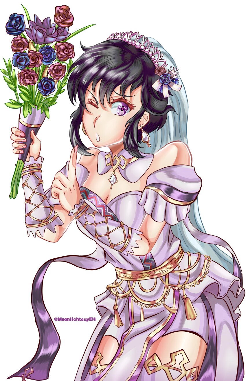 ;o absurdres black_hair blue_flower blue_rose bouquet breasts bridal_veil bride choker cleavage dress earrings fire_emblem fire_emblem:_genealogy_of_the_holy_war fire_emblem_heroes flower hair_flower hair_ornament highres holding holding_bouquet jewelry larcei_(bride_of_astra)_(fire_emblem) larcei_(fire_emblem) moonlightguyeh nintendo official_alternate_costume one_eye_closed pelvic_curtain red_flower red_rose rose short_hair sidelocks standing strapless strapless_dress thighhighs tiara vambraces veil wedding_dress white_background
