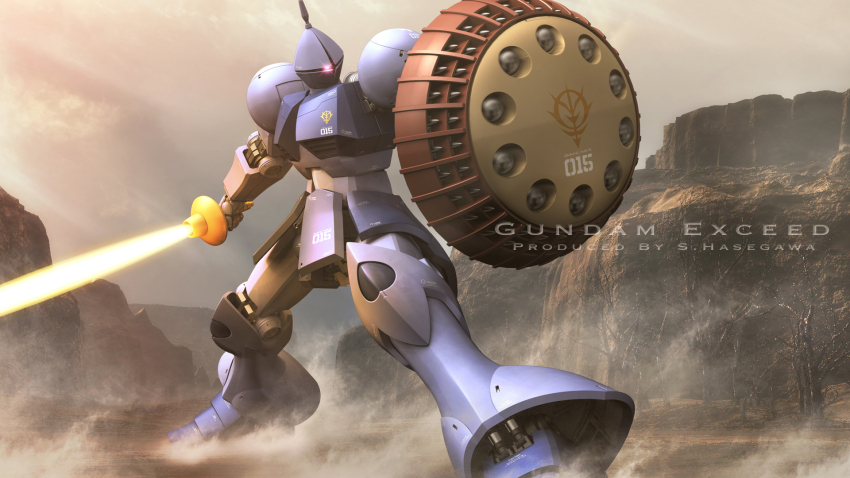 3d battle energy_sword canyon cloud desert duel dusk dust_cloud english_text fake_screenshot glowing glowing_eye gundam gyan highres machinery mecha mecha_focus missile_pod mobile_suit mobile_suit_gundam no_humans realistic robot roundel s.hasegawa science_fiction shield signature zeon
