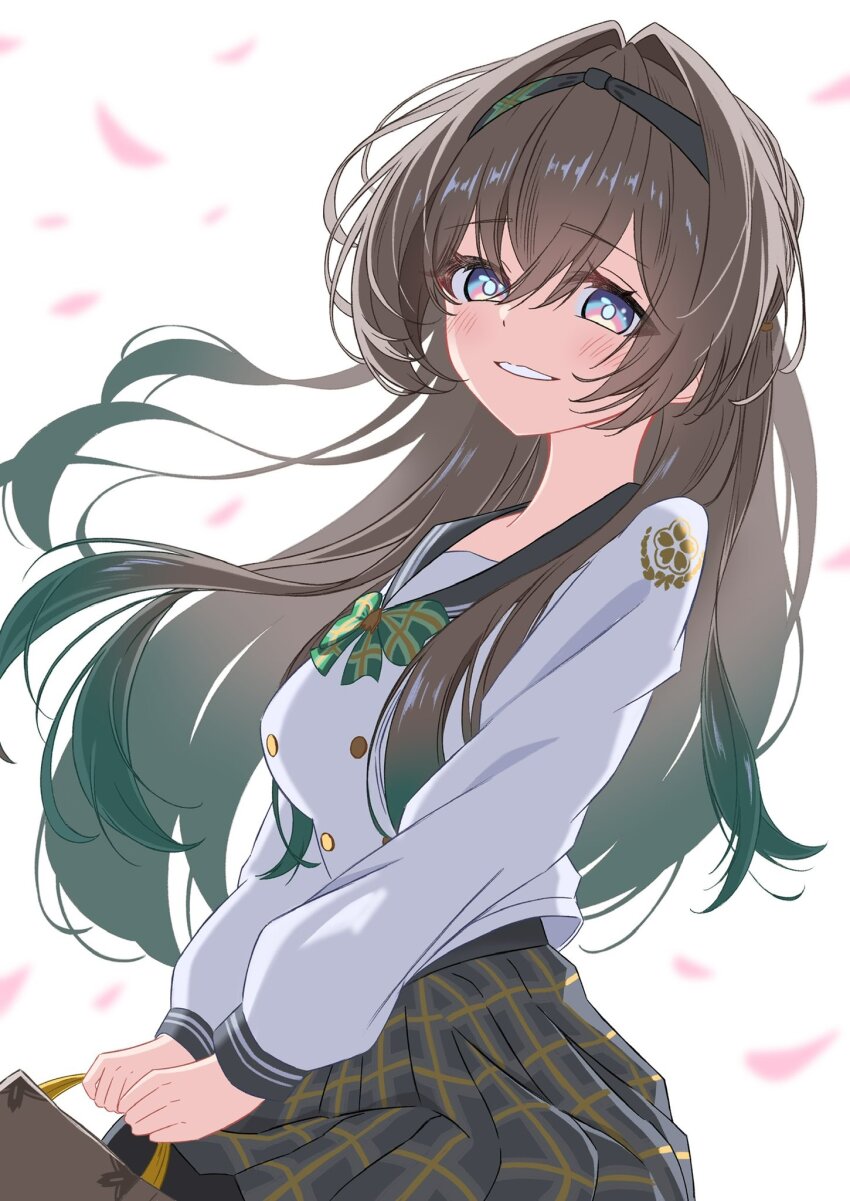 1girl black_hairband bow bowtie bright_pupils buttons commentary_request cowboy_shot double-breasted falling_petals firefly_(honkai:_star_rail) firefly_(spring_missive)_(honkai:_star_rail) from_side gradient_hair green_bow green_bowtie green_hair grey_hair grey_sailor_collar grey_skirt hair_intakes hairband highres honkai:_star_rail honkai_(series) long_hair long_sleeves looking_at_viewer looking_to_the_side multicolored_hair official_alternate_costume petals plaid_bow plaid_bowtie plaid_clothes plaid_skirt pleated_skirt purple_eyes sailor_collar seshirun shirt skirt solo two-tone_hair white_background white_shirt