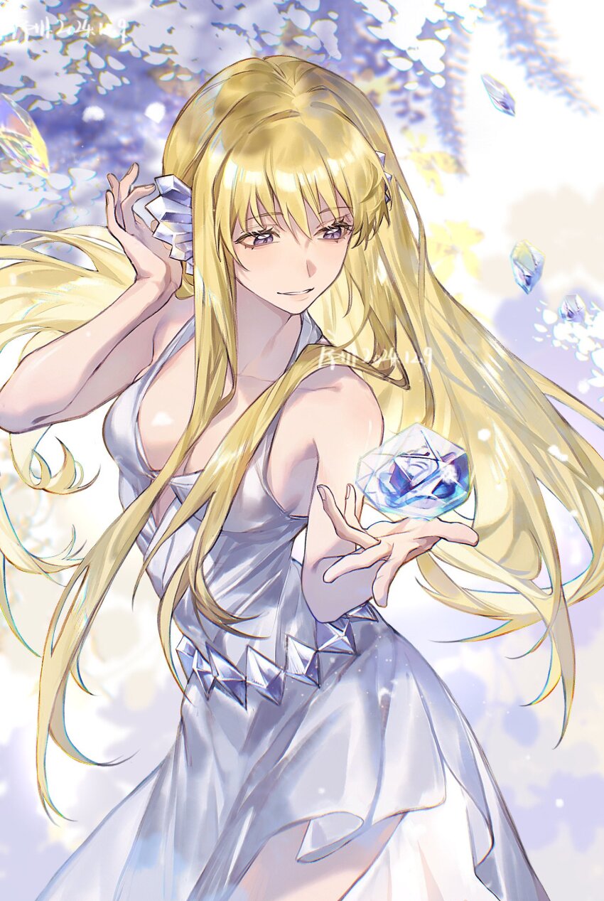 1girl bare_arms bare_shoulders belt blonde_hair blue_flower blue_rose breasts cleavage cowboy_shot crystal crystal_hair_ornament dress floating floating_object flower frozen hair_between_eyes hair_ornament hands_up highres ice icicle long_hair looking_at_object looking_down maria_(mermaid_melody_pichi_pichi_pitch) mermaid_melody_pichi_pichi_pitch parted_lips purple_eyes rose side_slit sleeveless sleeveless_dress smile solo white_dress xuchuan