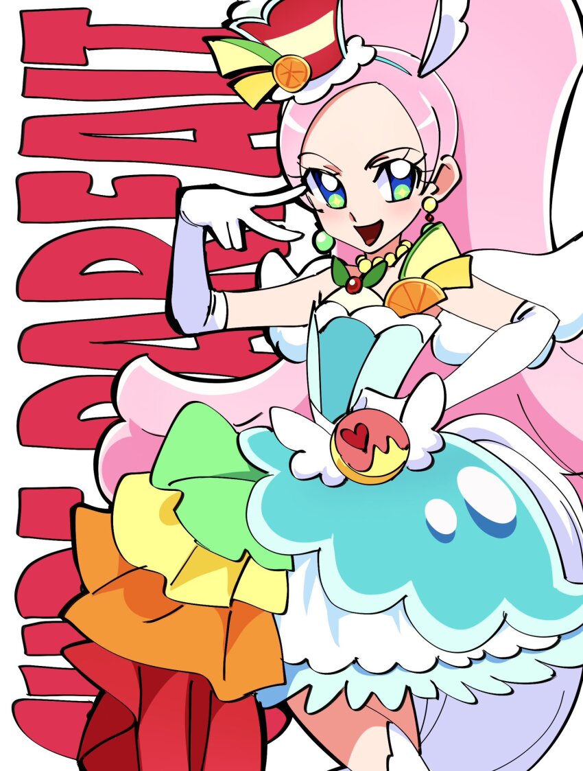 1girl animal_ears bare_shoulders berry blush boots choker commentary_request cure_parfait dress earrings elbow_gloves english_text food food-themed_hair_ornament fruit gloves hair_ornament headband highres horse_ears jewelry kirahoshi_ciel kirakira_precure_a_la_mode kiwi_(fruit) leaf lemon long_hair multicolored_eyes open_mouth orange_(fruit) parfait pearl_choker pearl_earrings pink_hair ponytail precure puri1028puri solo strapless strapless_dress tail white_boots white_gloves white_tail white_wings wings