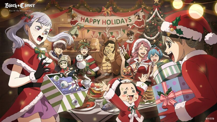 asta_(black_clover) black_clover black_clover_m:_rise_of_the_wizard_king black_hair breasts character_doll charmy_pappitson cleavage closed_eyes doll english_text finral_roulacase gauche_adlai gordon_agrippa grey_(black_clover) grey_hair hat highres large_breasts long_hair magna_swing noelle_silva official_art open_mouth pink_hair purple_eyes santa_costume santa_hat skirt smile twintails vanessa_enoteca yami_sukehiro