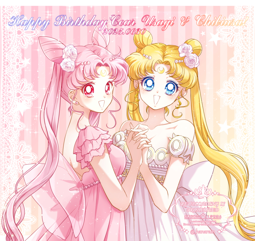 aged_up back_bow bare_shoulders bishoujo_senshi_sailor_moon blonde_hair blue_eyes bow chibi_usa cone_hair_bun crescent crescent_facial_mark double_bun dress facial_mark hair_bun hair_ornament highres holding_hands long_hair pink_hair princess_serenity red_eyes sarashina_kau smile strapless strapless_dress tsukino_usagi twintails very_long_hair white_dress