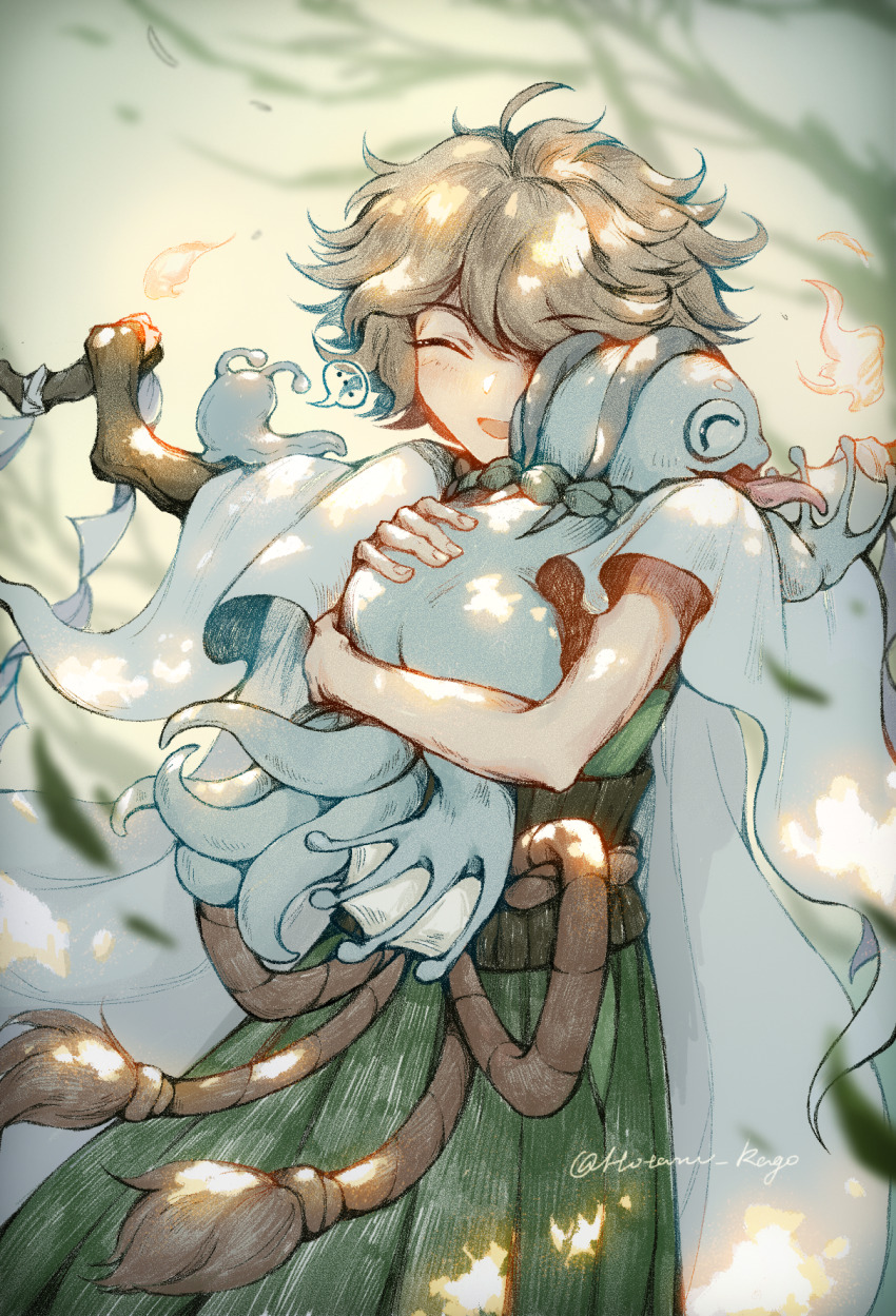 1other ahoge animal animal_hug azuma_kaisen azuma_kaisen_(frog) branch cape closed_eyes commentary_request film_grain fire green_kimono happy highres hotaru_kago japanese_clothes kesa_kujiru kesa_kujiru_(slug) kimono len&#039;en light_brown_hair obi ogata_garaiya open_mouth rope sash shimenawa short_hair slug smile toad_(animal) white_cape