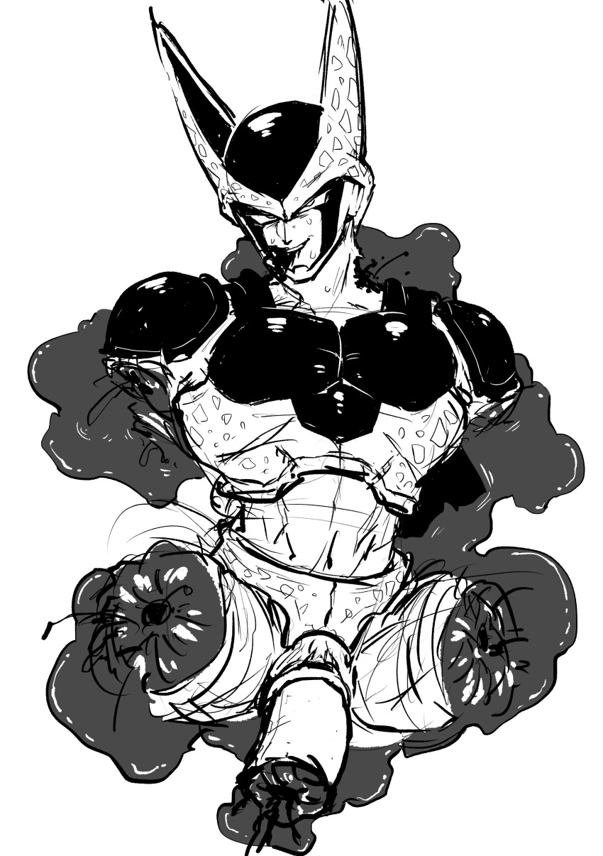 1boy 1cuntboy absurdres amputee bite_mark bite_mark_on_neck bleeding bleeding_from_mouth blood blood_on_ground cell_(dragon_ball) cunt_punt cuntboy cuntboy_focus cuntboy_only disembodied_penis dragon_ball dragon_ball_(classic) dragonball_z evil_grin evil_smile facing_viewer from_above from_front full_body greyscale grin guro half-closed_eyes highres injury looking_to_the_side looking_up lying male_focus monochrome muscular navel no_limbs obata2nd on_back open_mouth parted_lips pectorals penis perfect_cell pussy sanpaku simple_background sketch smile smirk solo spots spread_legs sweat tail teeth torn_wings tsurime upper_teeth_only white_background wings