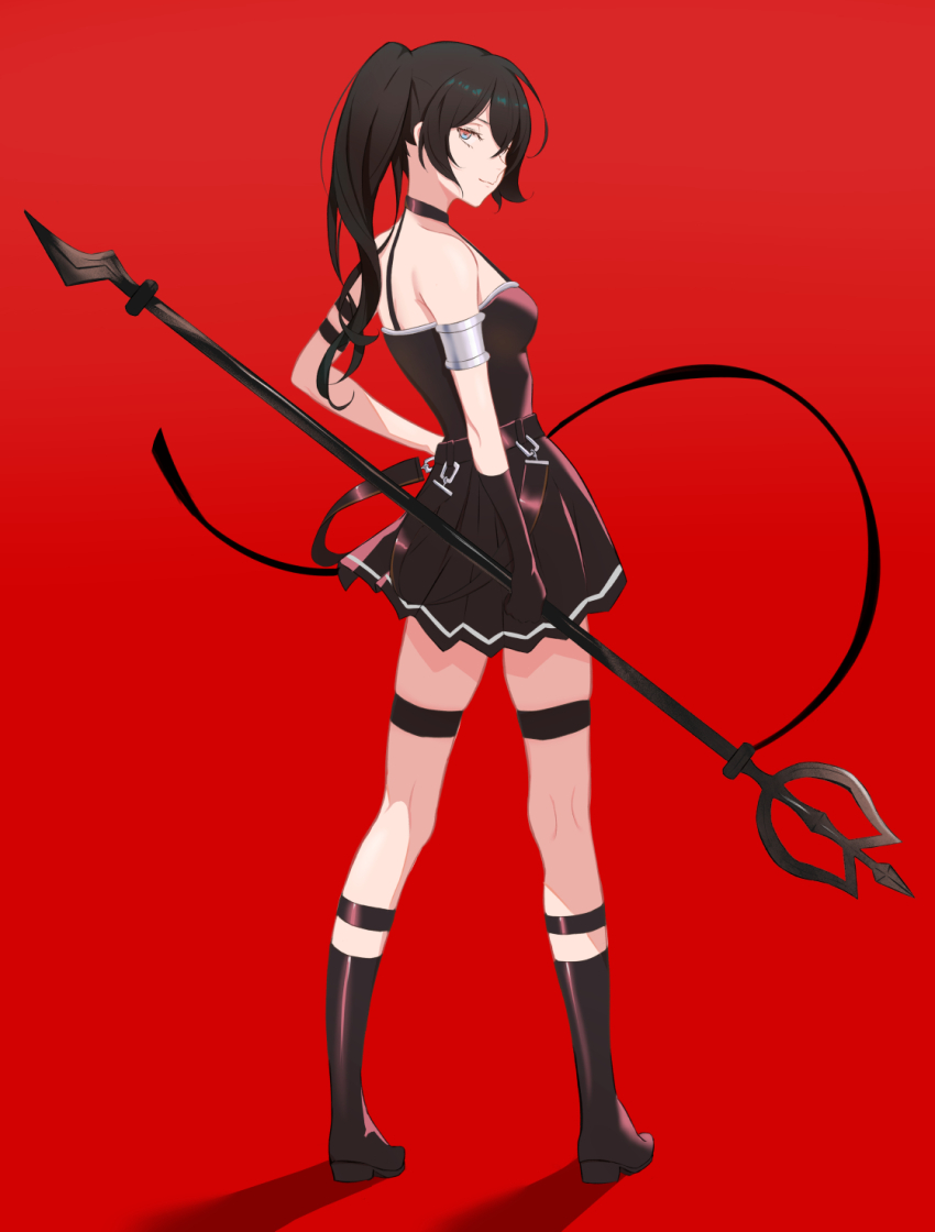 1girl armlet backlighting belt black_boots black_choker black_dress black_hair boots choker commentary dress elbow_gloves from_behind gloves hand_on_own_hip high_heel_boots high_heels highres holding holding_staff jewelry knee_boots kneepits looking_at_viewer looking_back pleated_skirt red_background shadow simple_background single_elbow_glove skirt solo sousou_no_frieren staff suspenders suspenders_hanging symbol-only_commentary thighlet ubel_(sousou_no_frieren) wesly2300
