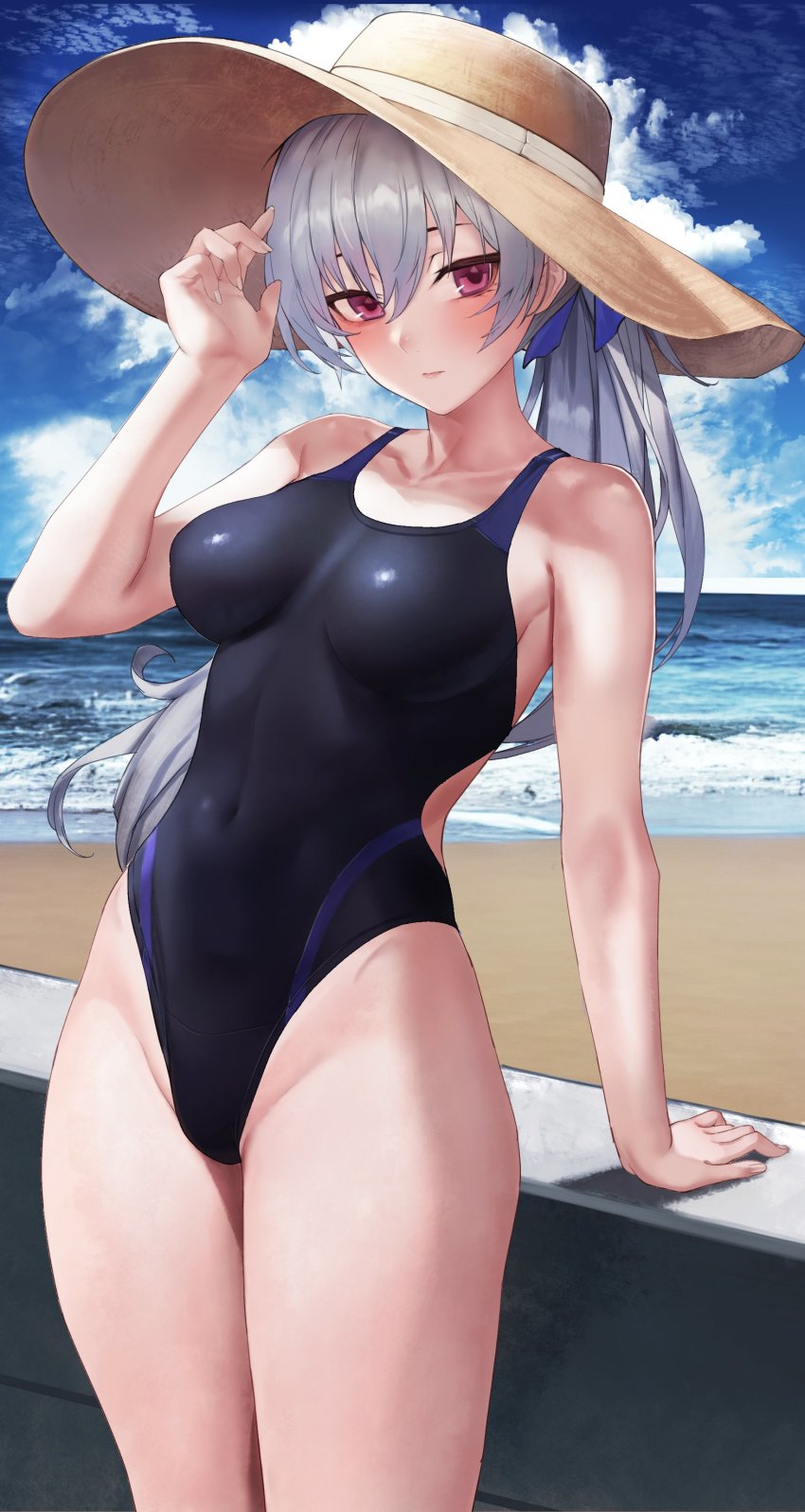 1girl absurdres alternate_costume arm_support blue_sky breasts cloud competition_swimsuit covered_navel darker_than_black grey_hair groin hat highres horizon long_hair looking_at_viewer medium_breasts ocean one-piece_swimsuit red_eyes sand sawatari_kazuma shore sky solo straw_hat swimsuit water yin_(darker_than_black)