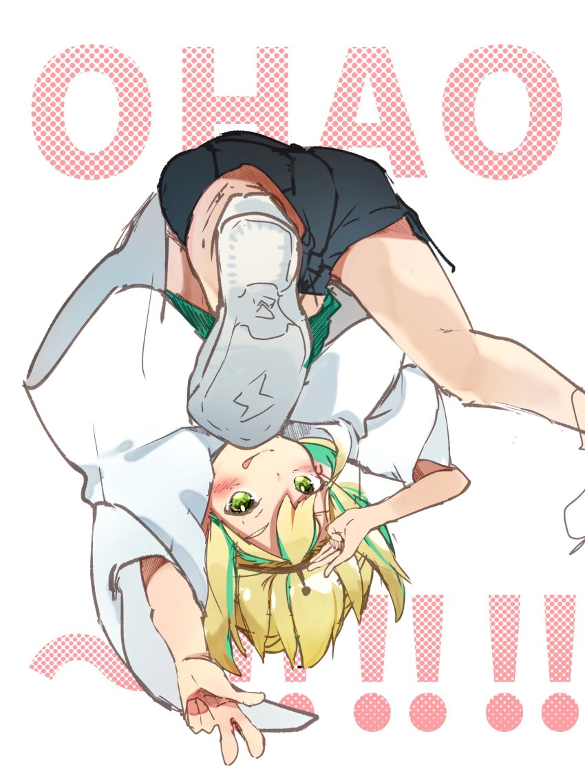:q absurdres amano_pikamee black_hairband black_shorts blonde_hair blush colored_inner_hair commentary english_text green_eyes green_hair hairband halftone hand_up highres licking_lips looking_at_viewer multicolored_hair ryo_(ryo_skrdi) salute shirt shoe_soles shoes shorts simple_background sketch sneakers symbol-only_commentary tongue tongue_out two-tone_hair upshorts virtual_youtuber voms w white_background white_shirt wide_sleeves