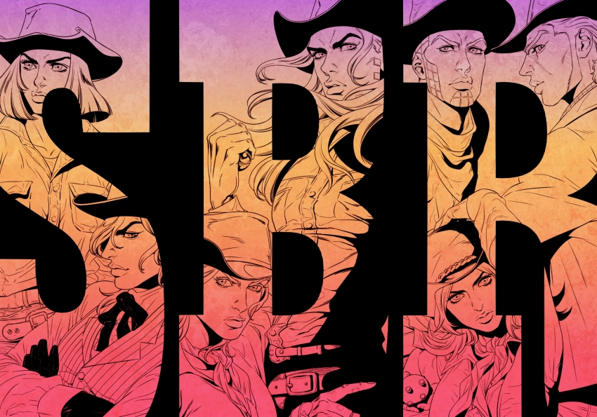 2girls 5boys alternate_costume arm_above_head bad_id bad_pixiv_id ball belt breast_pocket cowboy cowboy_hat cowboy_western crossed_arms diego_brando facial_hair gloves goatee gradient_background gyro_zeppeli hat highres holding holding_ball hot_pants_(sbr) johnny_joestar jojo_no_kimyou_na_bouken lucy_steel marion-ville monochrome mountain_tim multiple_boys multiple_girls neckerchief pocket scar steel_ball_(jojo) steel_ball_run wekapipo western