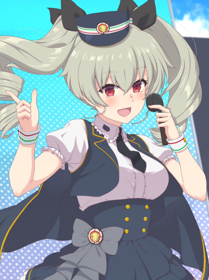 1girl absurdres ada_badguy anchovy_(girls_und_panzer) anzio_(emblem) black_necktie black_ribbon blue_hat blue_skirt blue_vest bow bow_skirt cabbie_hat commentary day dress_shirt drill_hair emblem frilled_shirt frilled_skirt frills girls_und_panzer girls_und_panzer_senshadou_daisakusen! green_hair grey_bow hair_ribbon hat high-waist_skirt highres holding holding_microphone idol index_finger_raised long_hair looking_at_viewer microphone miniskirt necktie official_alternate_costume open_clothes open_mouth open_vest outdoors puffy_short_sleeves puffy_sleeves red_eyes ribbon shirt short_sleeves skirt smile solo standing twin_drills twintails vest white_shirt wrist_cuffs
